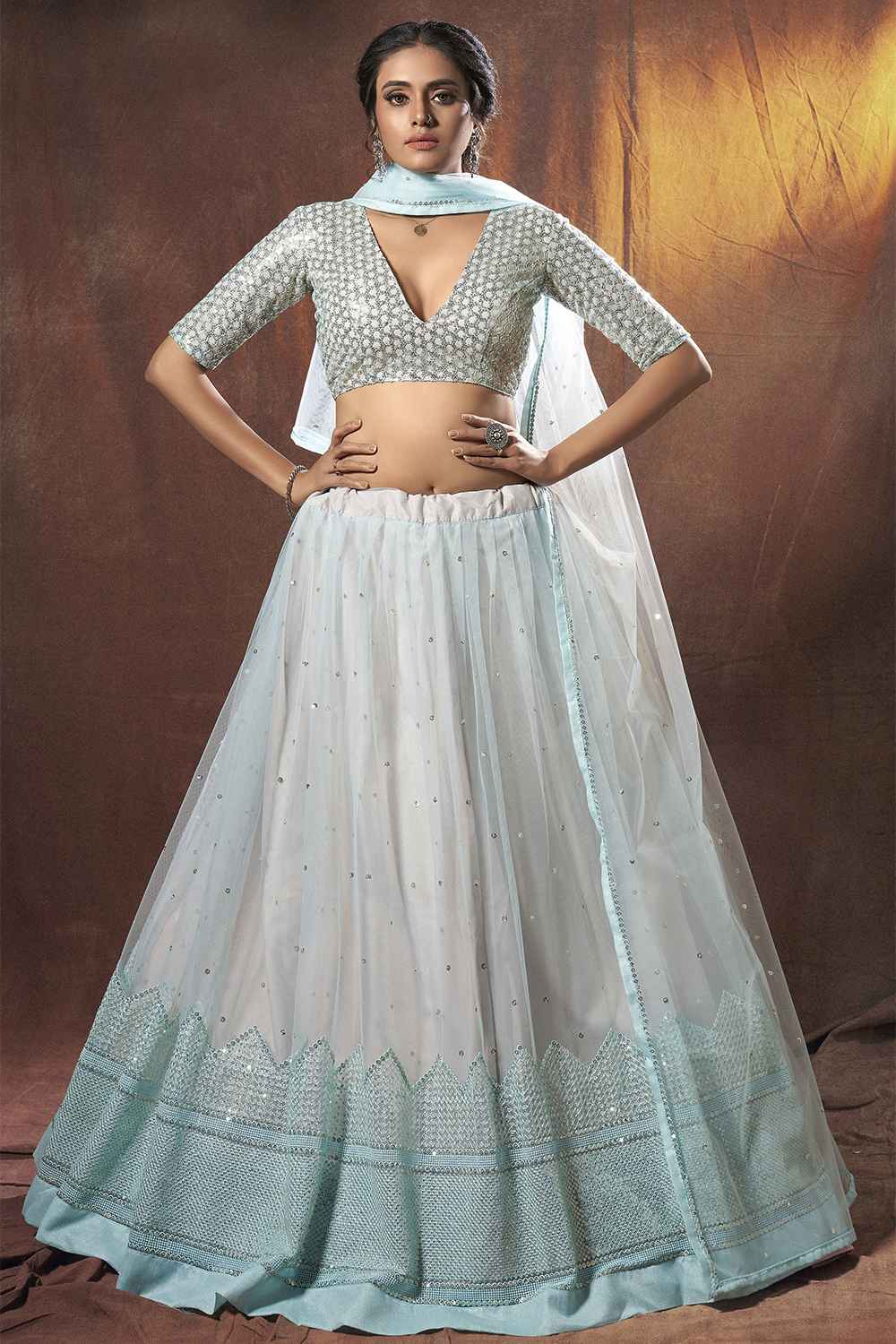 Buy Net Embroidery Lehenga Choli in Light Blue