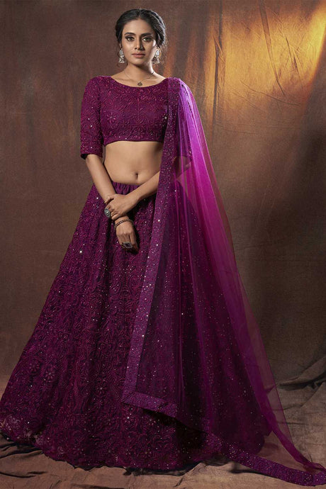 Buy Net Embroidery Lehenga Choli in Wine