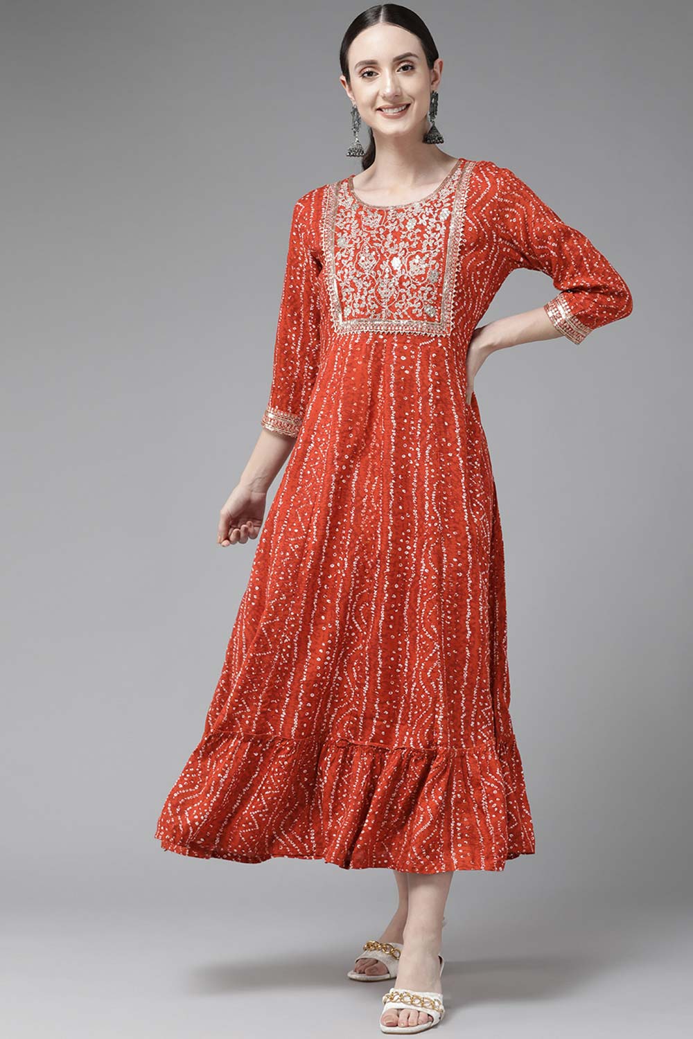 Red Viscose Rayon Embroidery Sequence Dress