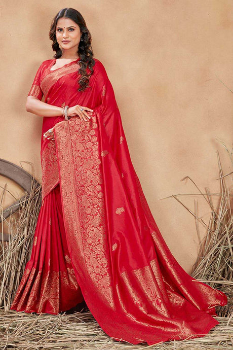 Bright Red Banarasi Silk Zari Woven Saree