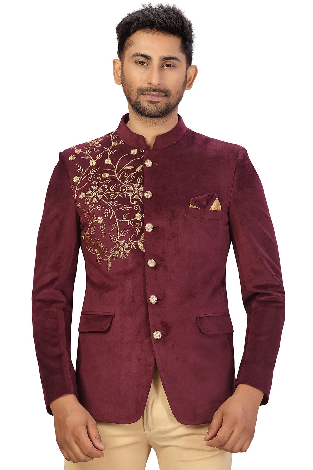 Buy Men's Velvet Embroidery Jodhpuri Set in Wine Online - Zoom Out