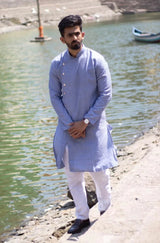 Men's Blue Cotton Blend Woven Design Kurta Set