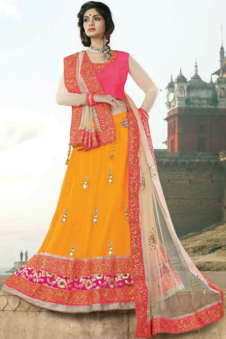 Buy Golden yellow Net Embroidered Lace And Border Lehenga Set Online