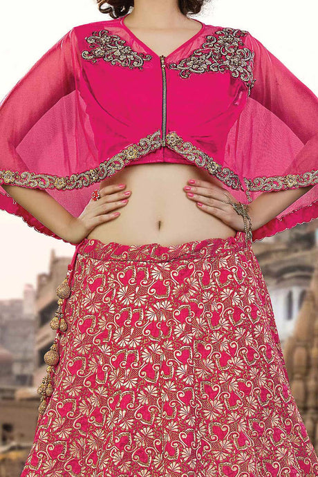 Buy Ruby Pink Jacquard Silk Embroiderd with Golden Lace Lehenga Set Online - Back