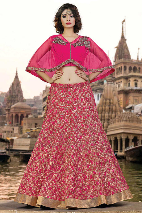 Buy Ruby Pink Jacquard Silk Embroiderd with Golden Lace Lehenga Set Online - Front