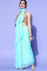 Turquoise Organza Solid Aari Work Saree