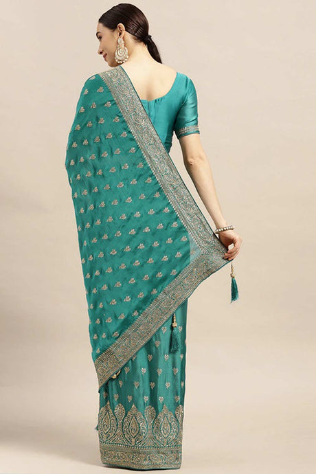 Teal Blue Pure Chiffon Embroidered Embellished Saree