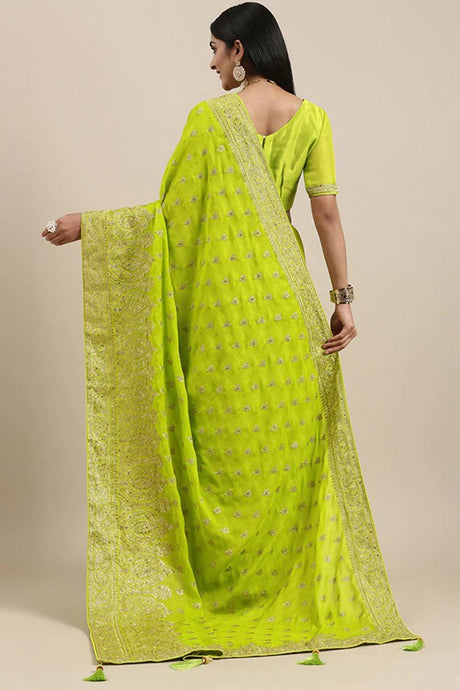 Green Pure Chiffon Embroidered Embellished Saree