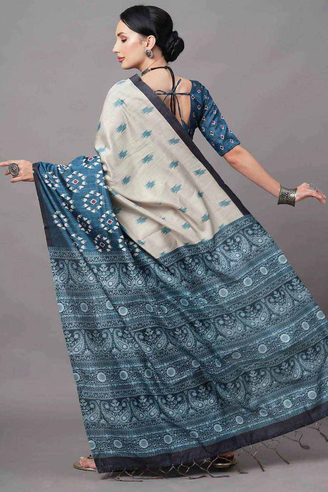 Bhagalpuri Silk Navy Blue Digital Print Designer Saree With Blouse