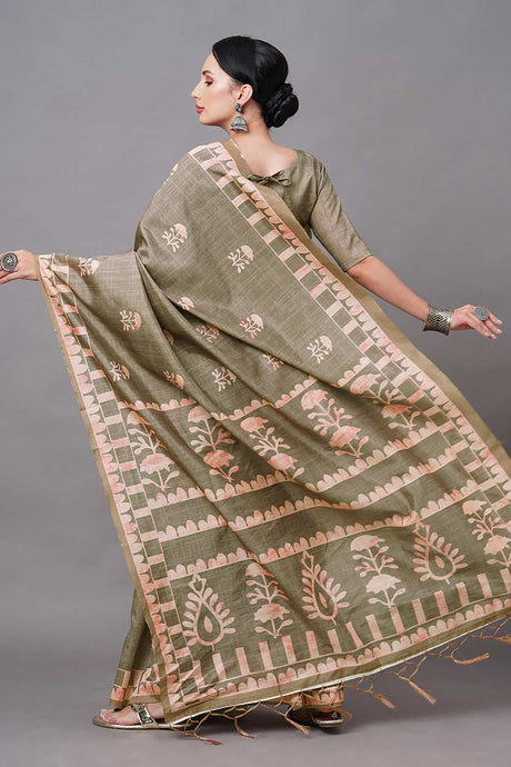 Bhagalpuri Silk Olive Digital Print Designer Saree