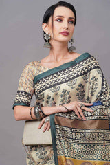 Bhagalpuri Silk Cream Digital Print Designer Saree