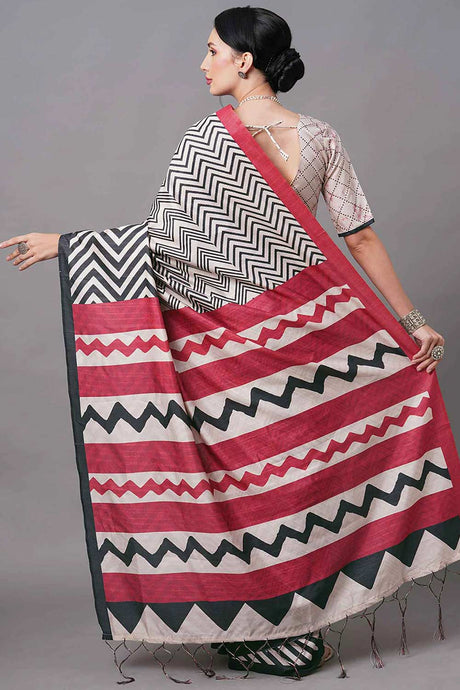 Bhagalpuri Silk Cream Digital Print Designer Saree With Blouse