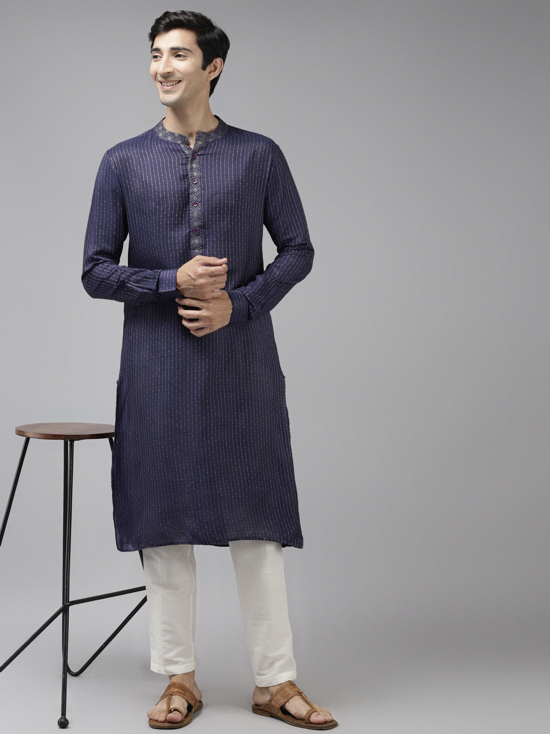 Buy Men's Blue Art Silk Woven Thread Work Kurta Pajama Set Online
