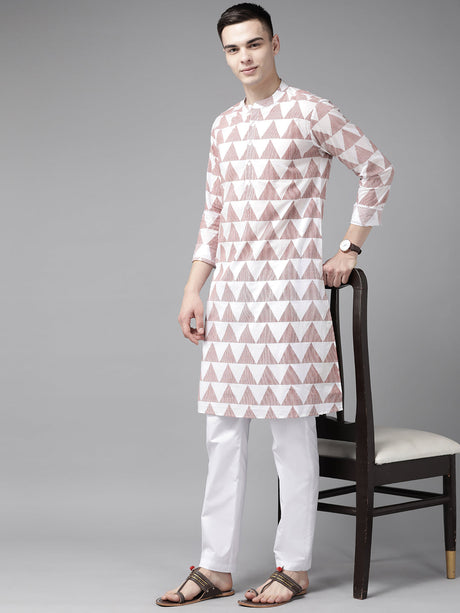 Buy Men's White Cotton Printed Straight Kurta Online - Back