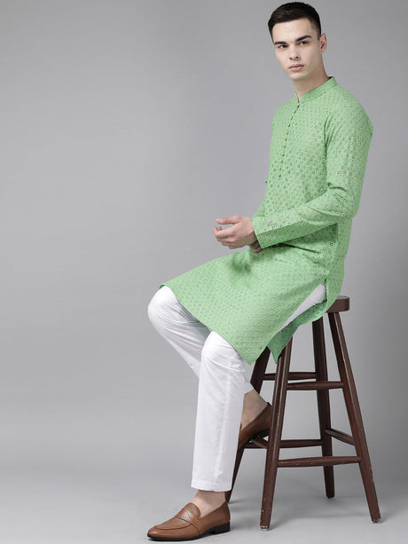 Buy Men's Green Cotton Chikankari Embroidered Straight Kurta Online - Back