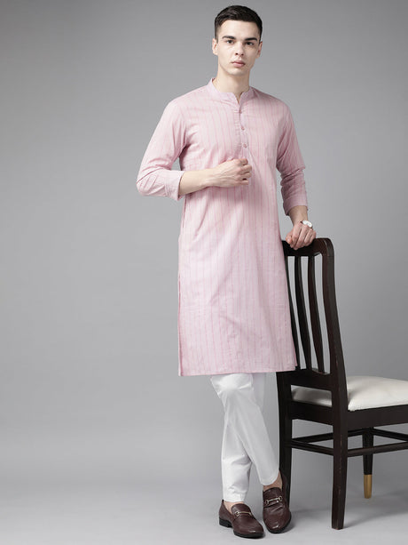 Buy Men's Pink Cotton Printed Straight Kurta Online - Back