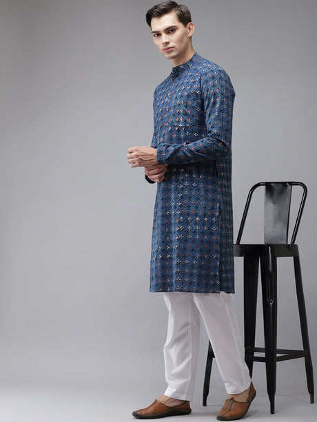 Buy Men's Blue Cotton Hand Block Print Straight Kurta Online