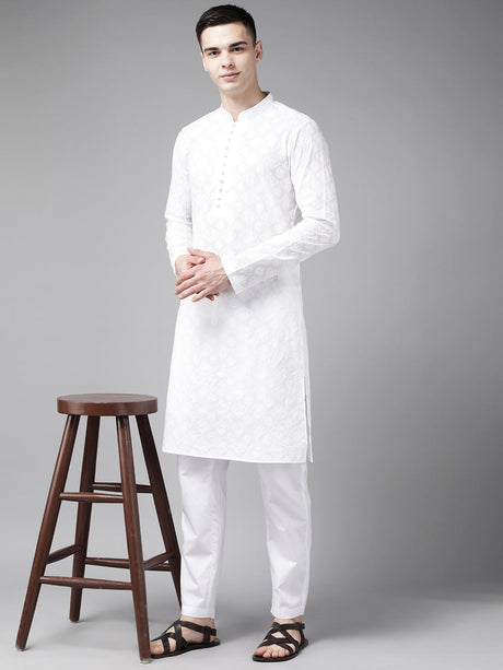 Buy Men's White Pure Cotton Chikankari Embroidered Kurta Pajama Set Online