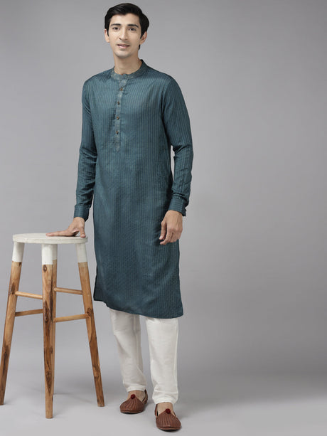 Buy Men's Teal Cotton Woven Thread Work Straight Kurta Online