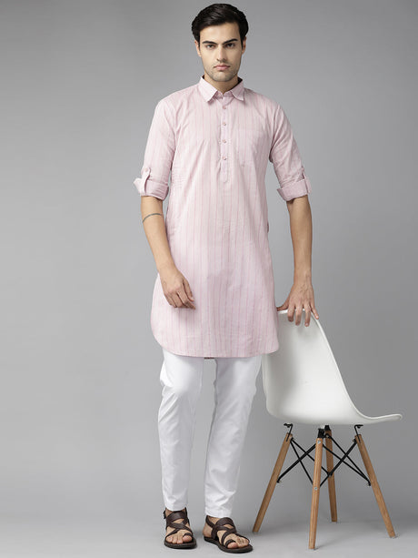 Buy Men's Baby Pink Pure Cotton Striped Printed Pathani Set Online