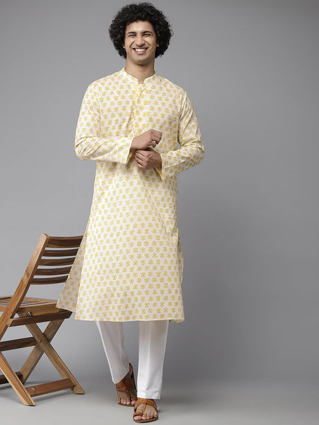 Buy Men's Yellow Pure Cotton Floral Printed Kurta Pajama Set Online