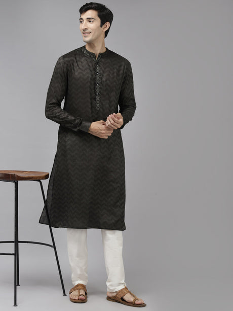 Buy Men's Olive Art Silk Woven Thread Work Kurta Pajama Set Online
