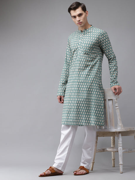 Buy Men's Green Cotton Hand Block Printed Kurta Pajama Set Online