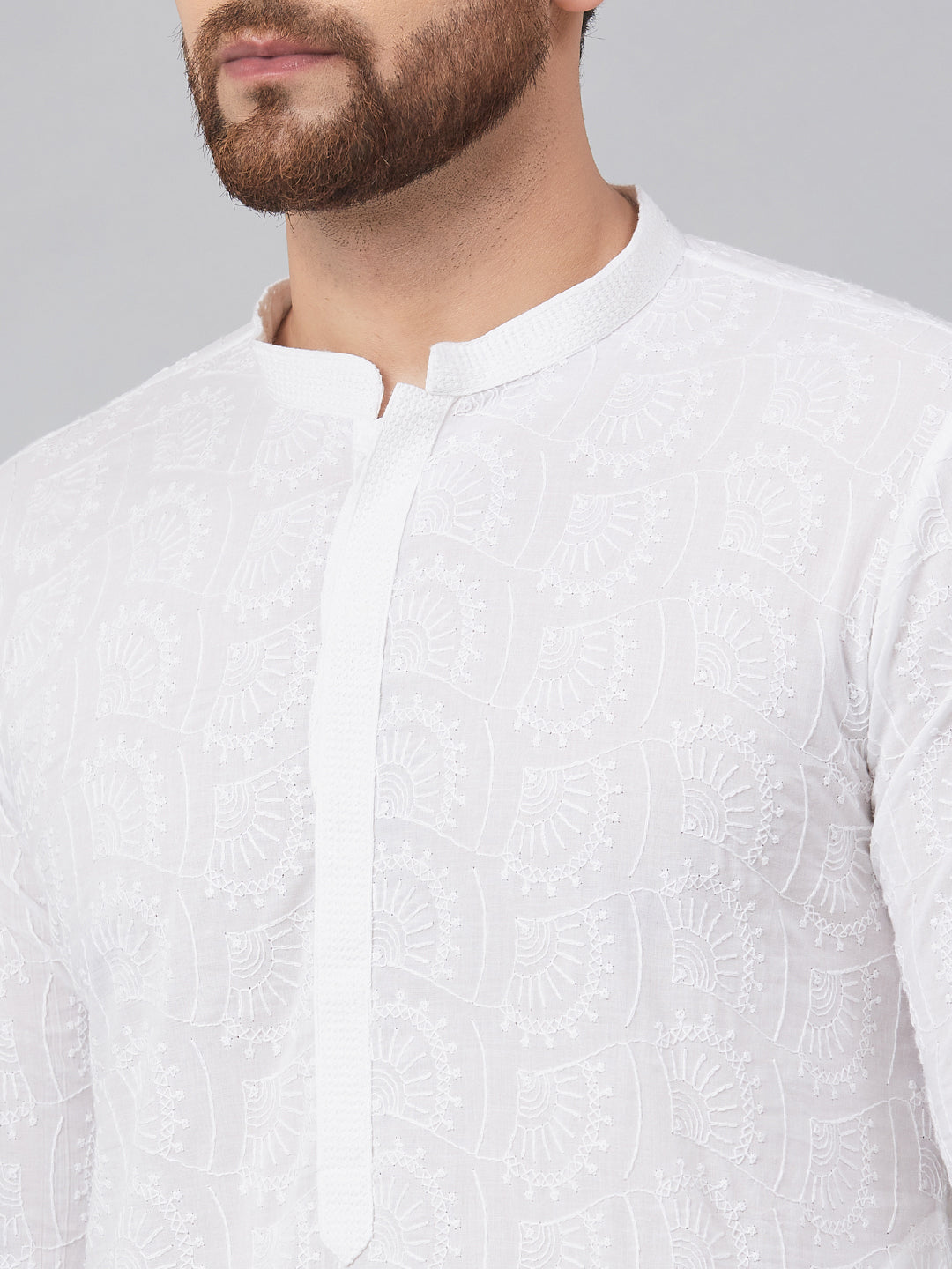 Buy Men's White Cotton Chikankari Embroidered Kurta Pajama Set Online - Zoom Out