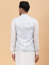 Buy Men's Sky Blue Art Silk Jacquard Woven Design Nehru Jacket Online - Zoom Out
