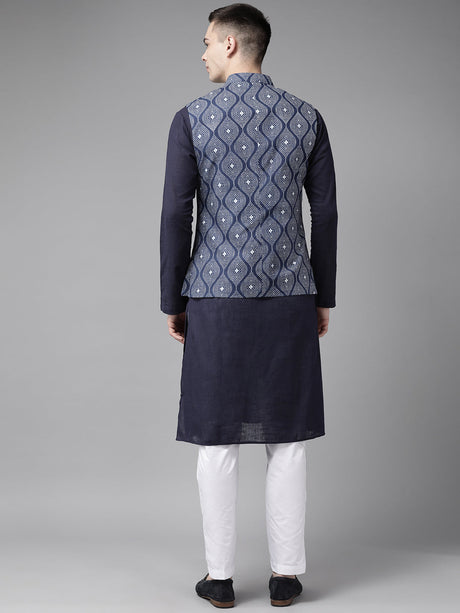 Buy Men's Navy Pure Cotton Printed Kurta Pajama Jacket Set Online - Back