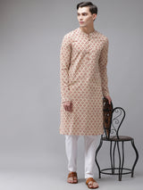 Buy Men's Beige Cotton Hand Block Print Straight Kurta Online