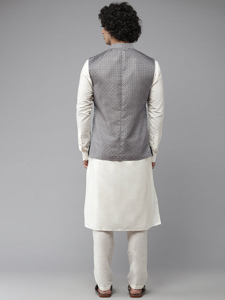 Buy Men's Off-White Silk Jacquard Woven Design Kurta Pajama Jacket Set Online - Front