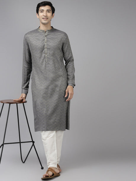 Buy Men's Grey Art Silk Woven Thread Work Kurta Pajama Set Online