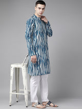Buy Men's Blue Cotton Tie And Dye Print Straight Kurta Online - Back