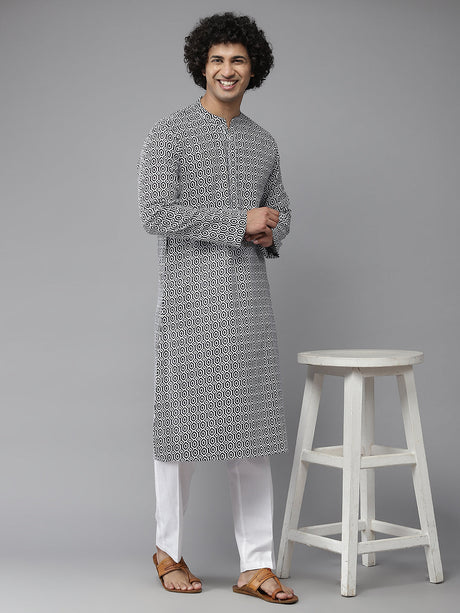 Buy Men's Navy Blue Pure Cotton Printed Kurta Pajama Set Online