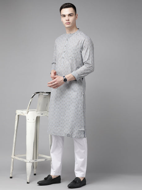 Buy Men's Grey Pure Cotton Printed Kurta Pajama Set Online