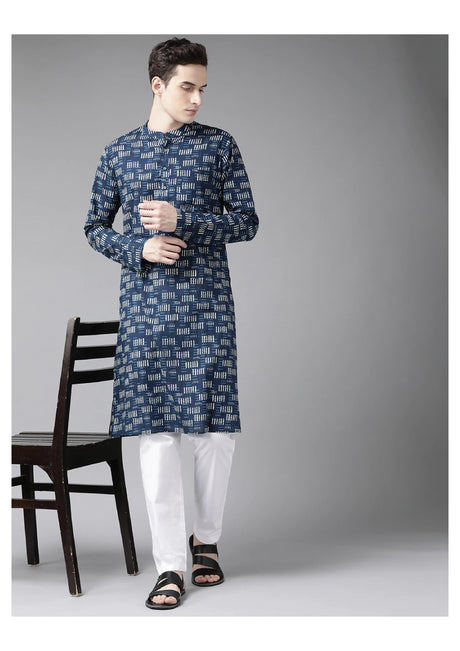 Buy Men's Blue Cotton Printed Kurta Pajama Set Online