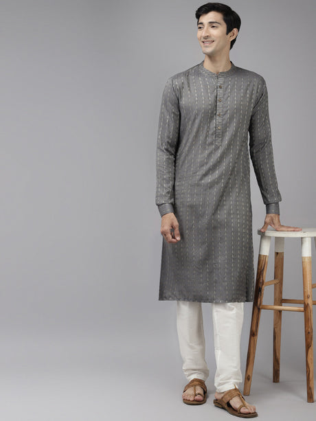 Buy Men's Grey Cotton Woven Thread Work Straight Kurta Online