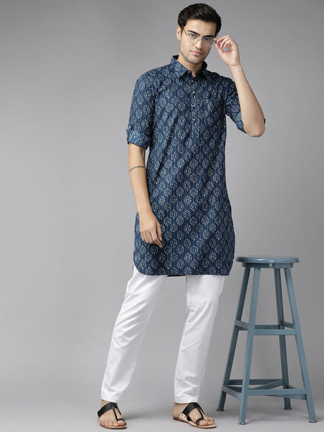 Buy Men's Indigo Pure Cotton Ikat Printed Pathani Set Online