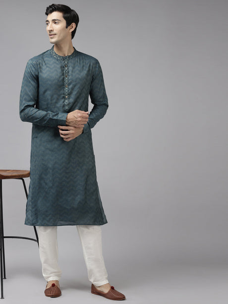Buy Men's Teal Art Silk Woven Thread Work Kurta Pajama Set Online
