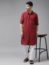 Buy Men's Maroon Pure Cotton Printed Pathani Set Online