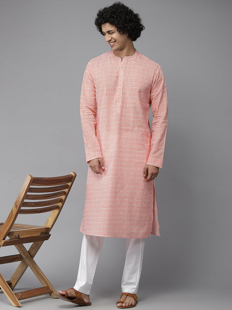 Buy Men's Peach Pure Cotton Printed Kurta Pajama Set Online
