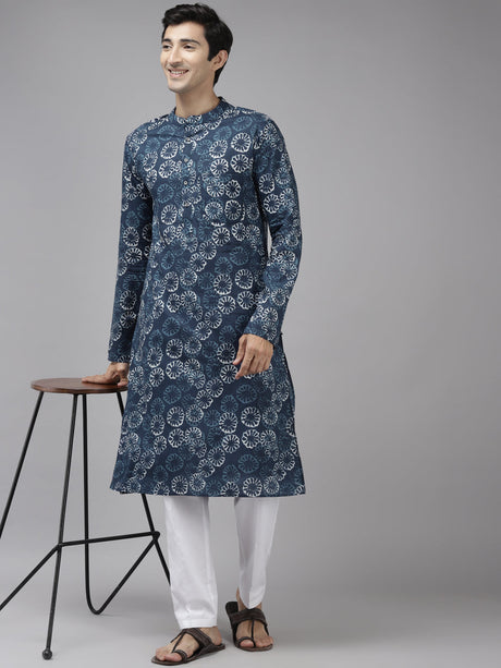 Buy Men's Blue Cotton Printed Straight Kurta Online