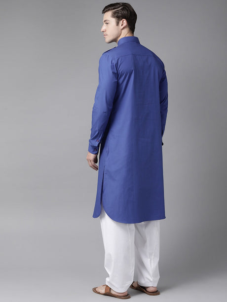 Buy Men's Royal Blue Cotton Solid Pathani Set Online - Front