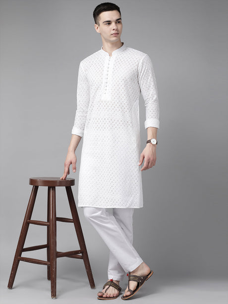 Buy Men's White Pure Cotton Chikankari Embroidered Kurta Pajama Set Online