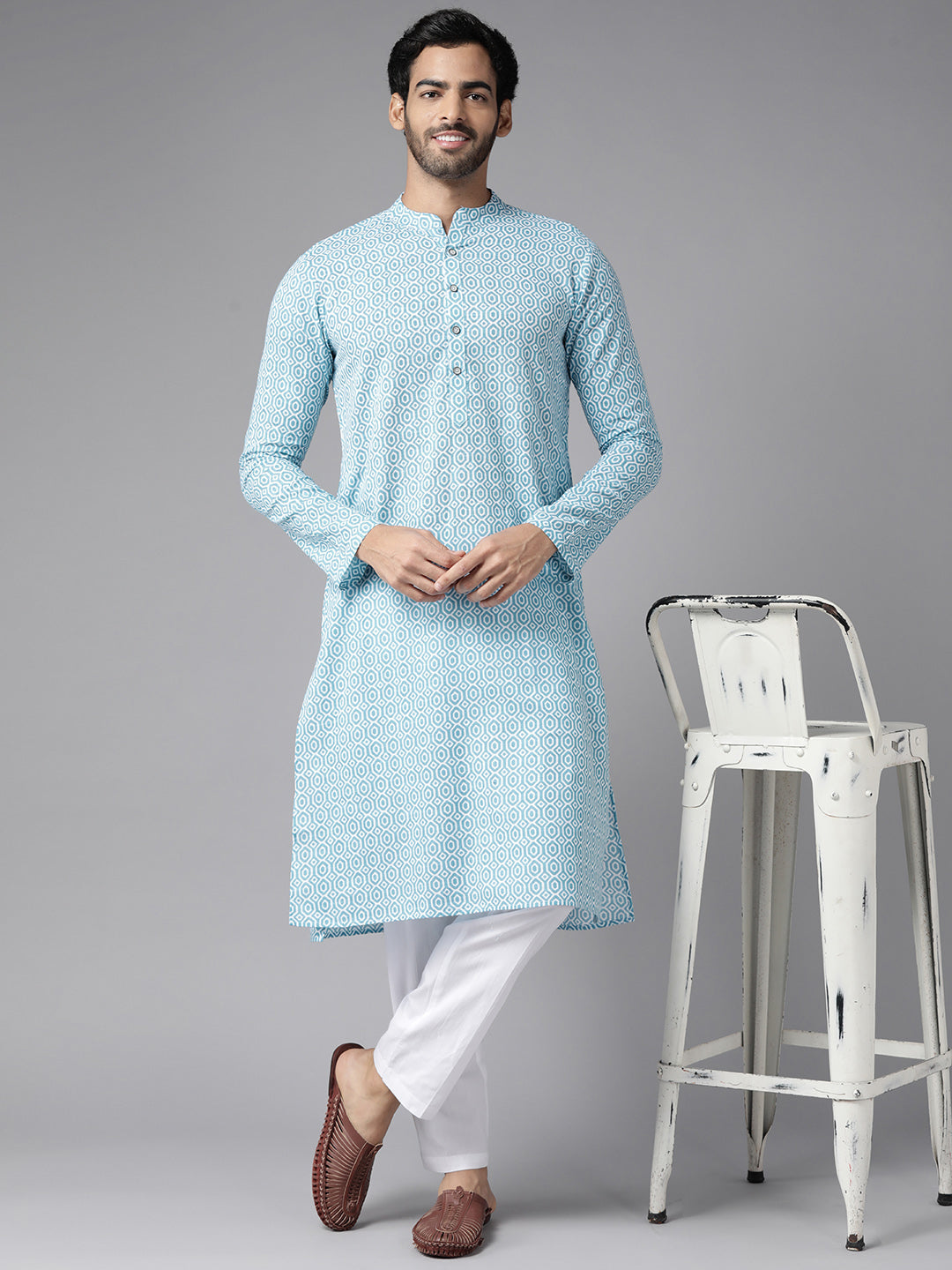 Buy Men's Blue Pure Cotton Printed Kurta Pajama Set Online