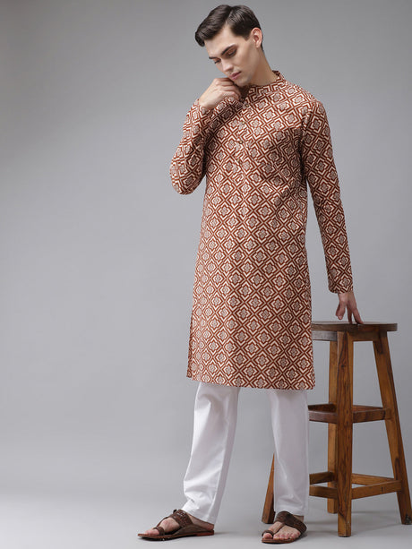 Buy Men's Beige Cotton Printed Kurta Pajama Set Online