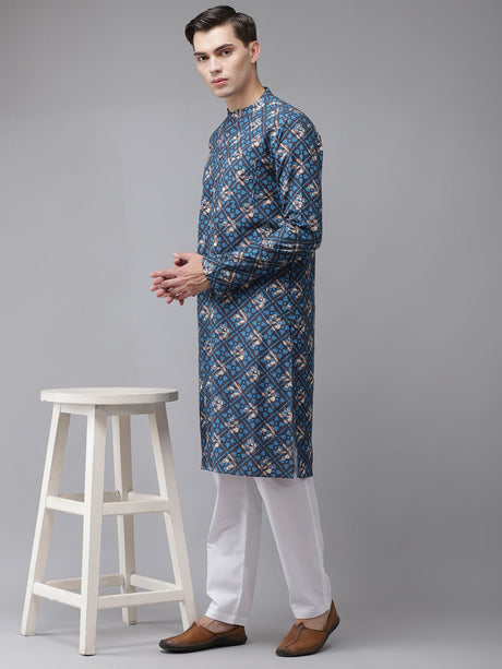 Buy Men's Blue Cotton Floral Printed Kurta Pajama Set Online