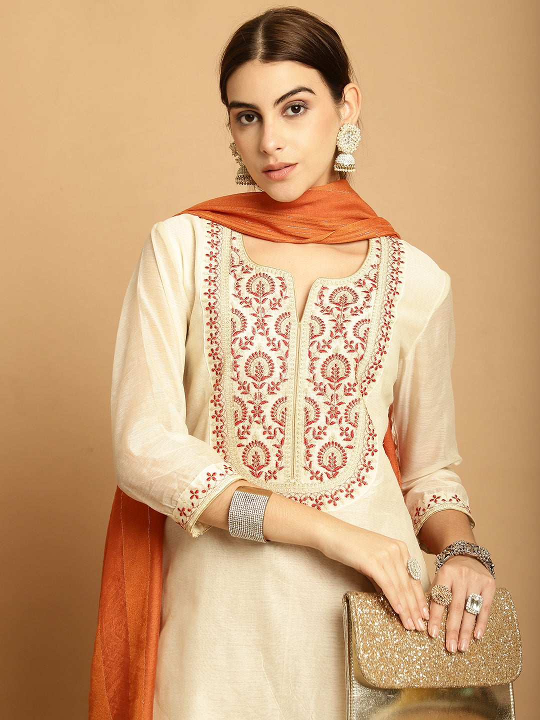 Cream  Chanderi Printed Kurta Set