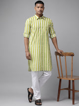 Buy Men's Lime Green Pure Cotton Stripe Printed Pathani Set Online